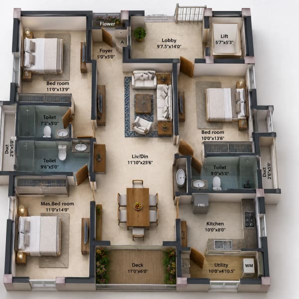 3 BHK Apartment floor plan — 1,550 sqft