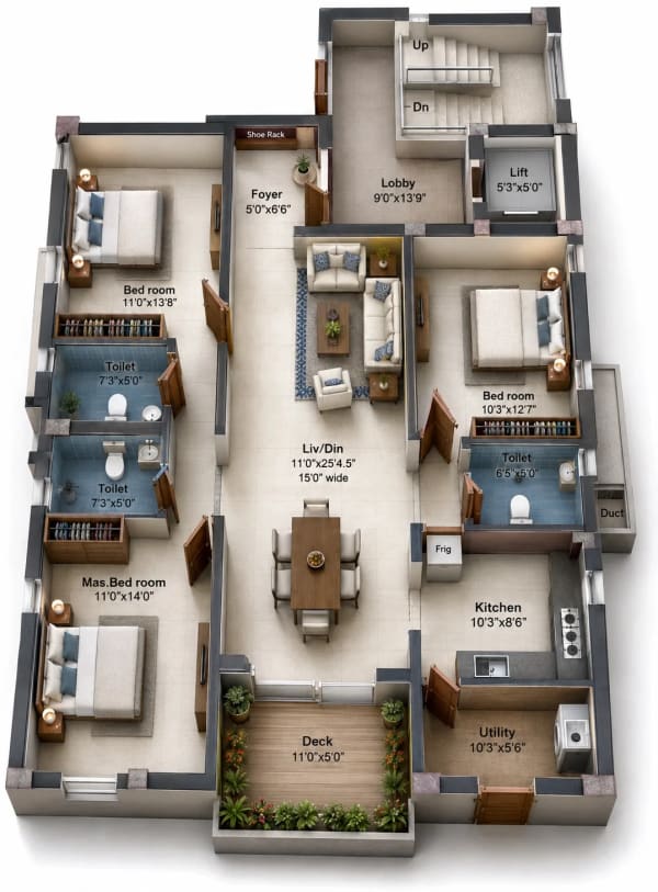 3 BHK Apartment floor plan — 1,507 sqft