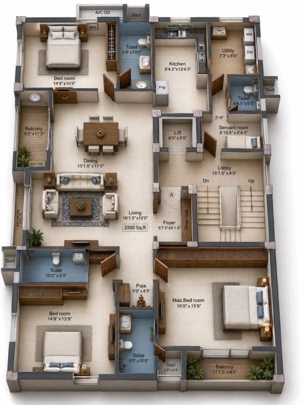 3 BHK Apartment floor plan — 2,250 sqft