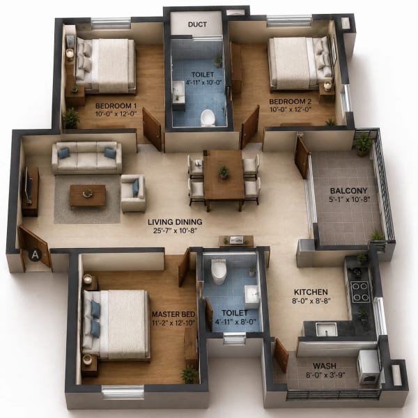 3 BHK Apartment floor plan — 1,342 sqft