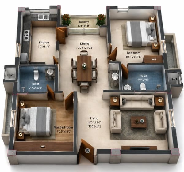 2 BHK Apartment floor plan — 1,100 sqft