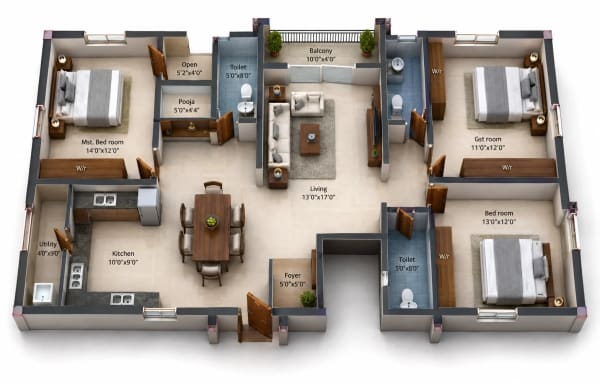3 BHK Apartment floor plan — 1,834 sqft