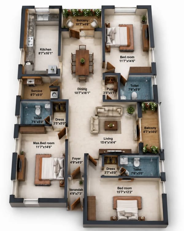 3 BHK Apartment floor plan — 1,960 sqft