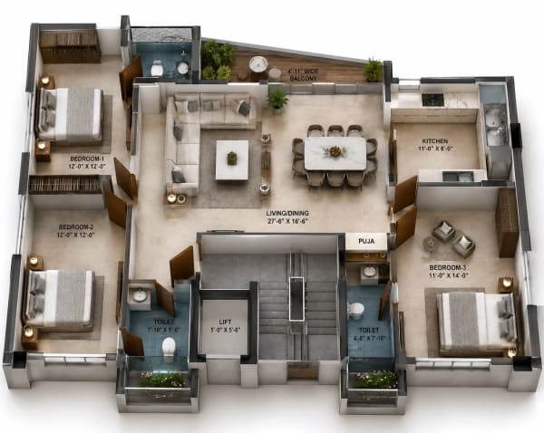 3 BHK Apartment floor plan — 2,086 sqft