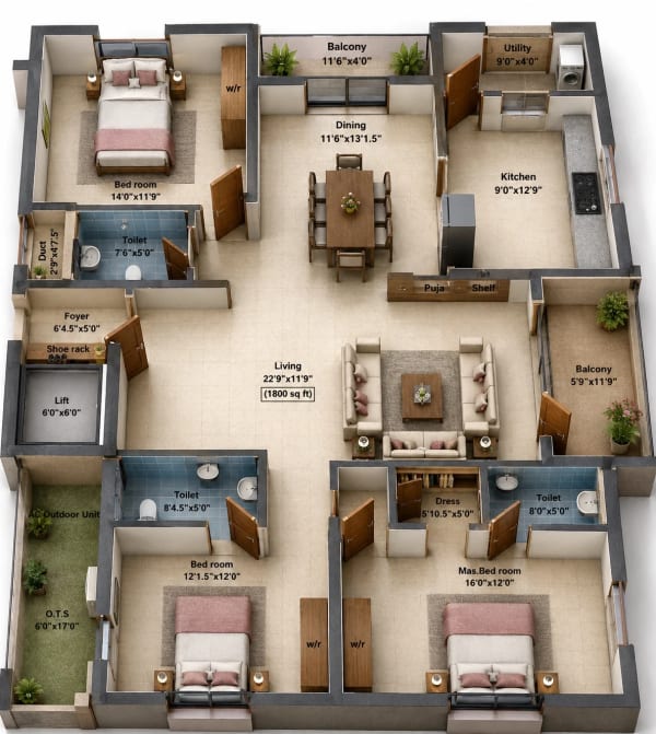 3 BHK Apartment floor plan — 1,800 sqft
