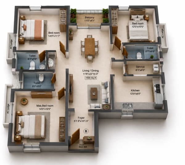 3 BHK Apartment floor plan — 1,500 sqft