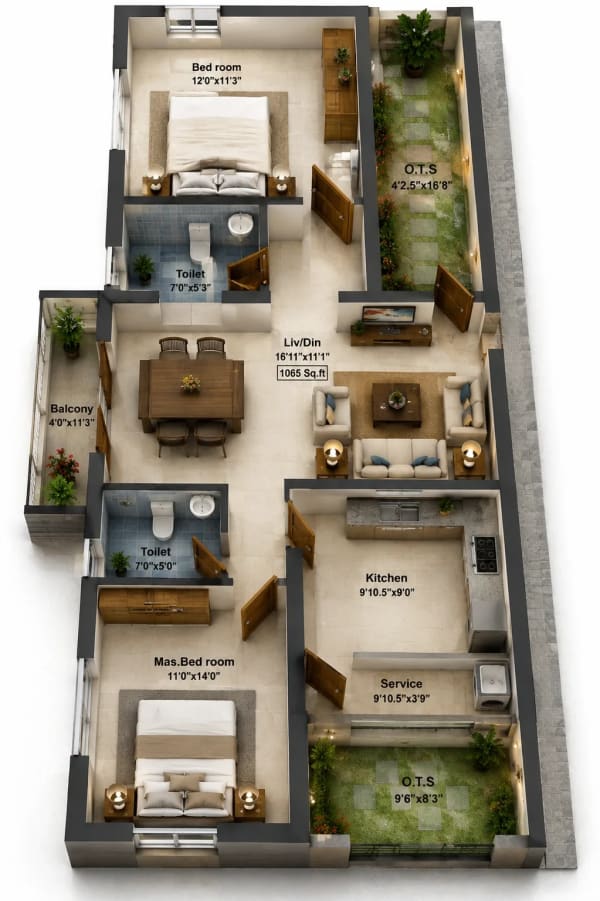 2 BHK Apartment floor plan — 1,065 sqft