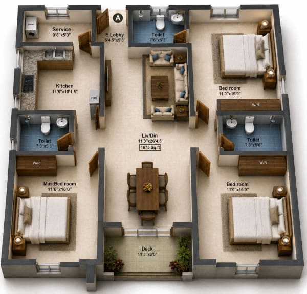 3 BHK Apartment floor plan — Pushkars Temple Ridge