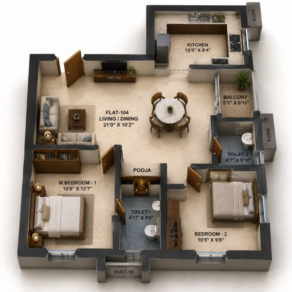 2 BHK Apartment floor plan — 938 sqft