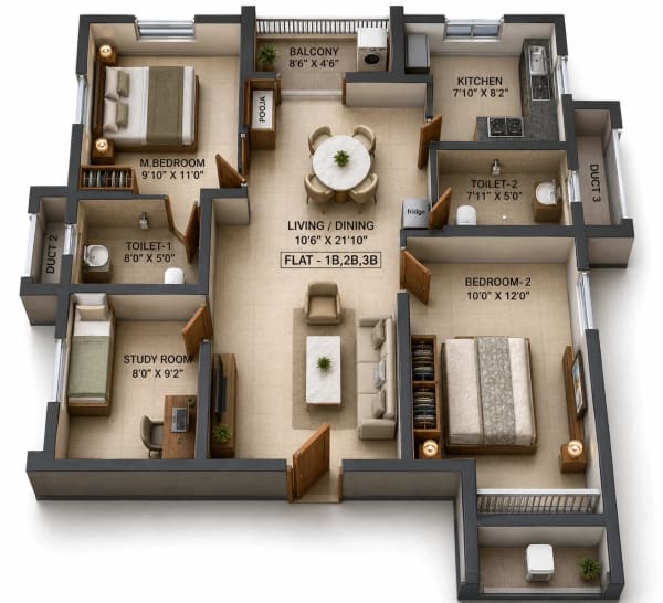 2 BHK Apartment floor plan — 1,017 sqft