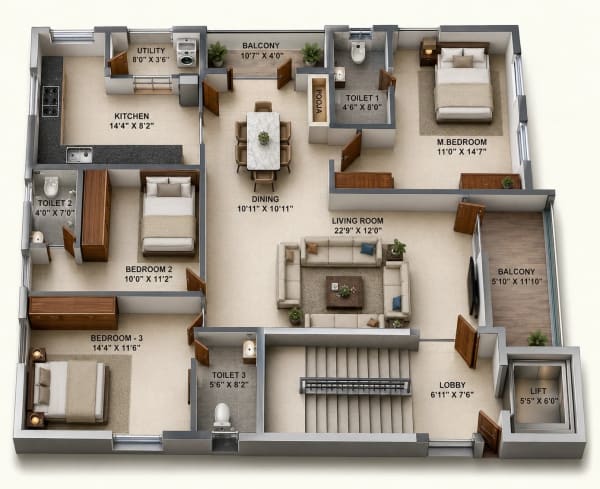 3 BHK Apartment floor plan — 1,722 sqft