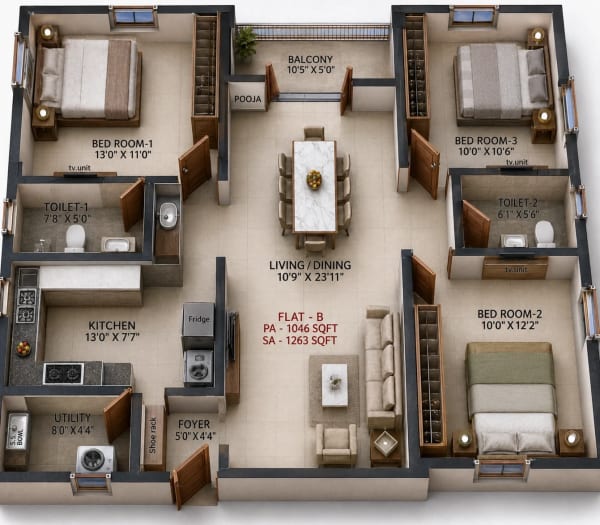 2 BHK Apartment floor plan — 1,263 sqft