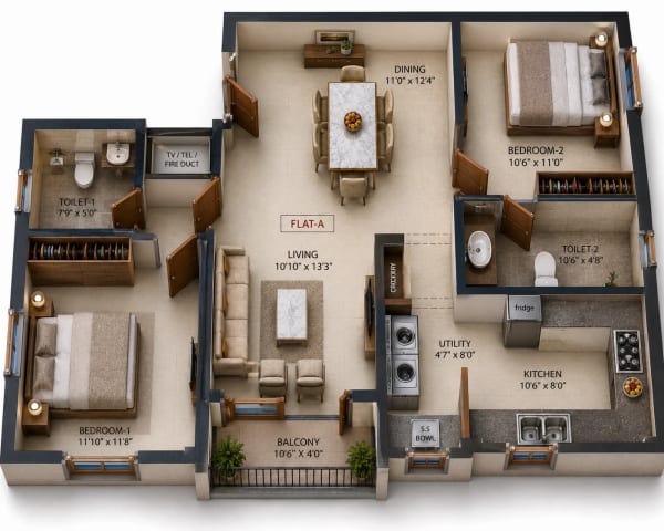 2 BHK Apartment floor plan — 1,080 sqft