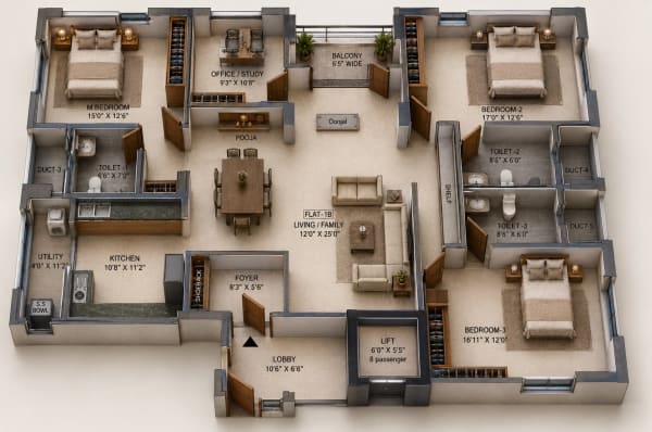 3.5 BHK Apartment floor plan — 2,323 sqft