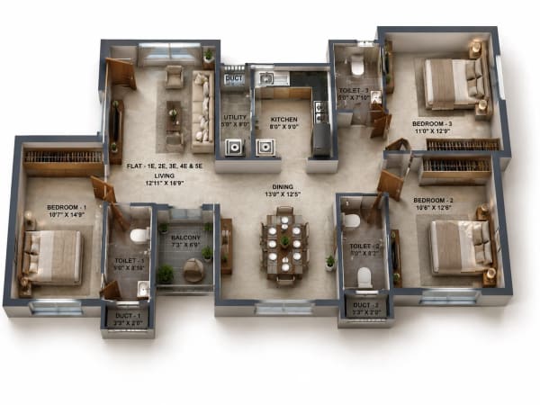 3 BHK Apartment floor plan — 1,428 sqft