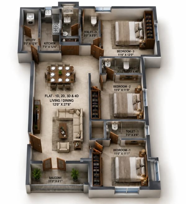 3 BHK Apartment floor plan — 1,498 sqft