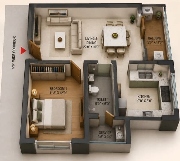 1 BHK Apartment floor plan — 813 sqft