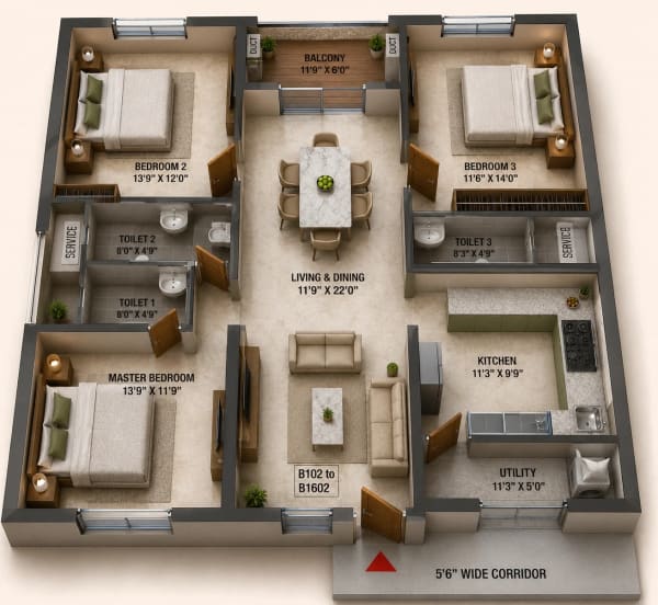 3 BHK Apartment floor plan — Ramaniyam Sai Aranya