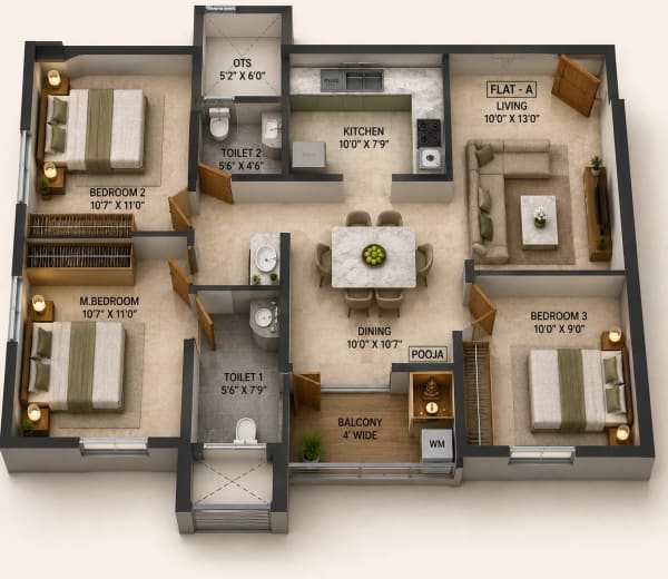 2 BHK Apartment floor plan — 1,081 sqft