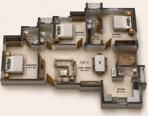 3 BHK Apartment floor plan — Ramaniyam Sri Ramakrishna