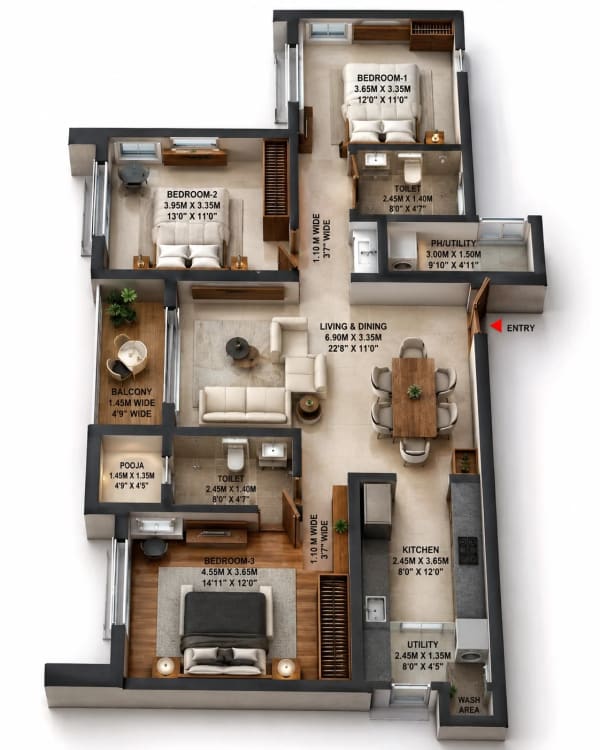 3 BHK Apartment floor plan — 1,726 sqft