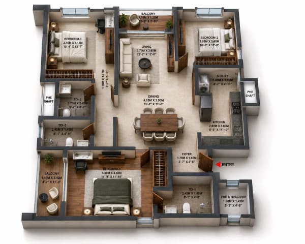 3 BHK Apartment floor plan — 2,086 sqft