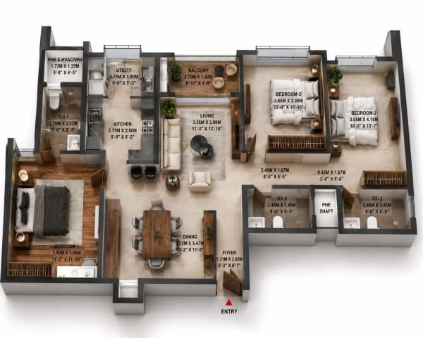 3 BHK Apartment floor plan — 1,886 sqft