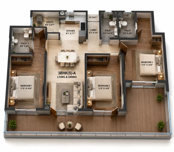 3 BHK Apartment floor plan — 1,730 sqft