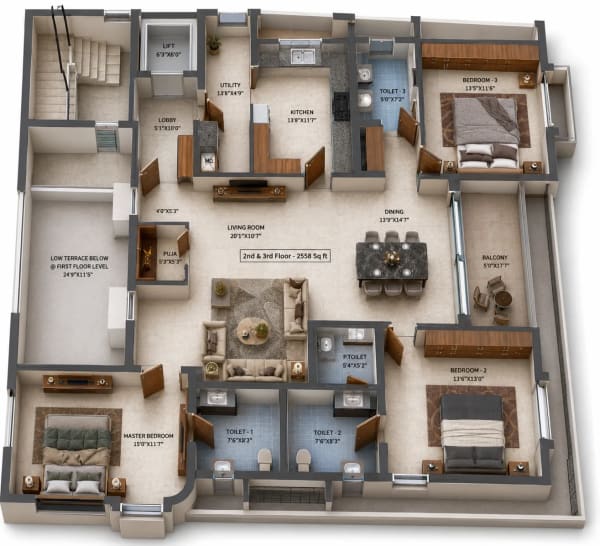 3 BHK Apartment floor plan — 2,558 sqft
