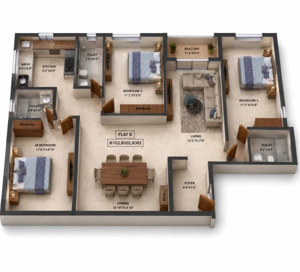 3 BHK Apartment floor plan — 1,813 sqft
