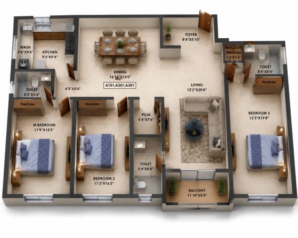 3 BHK Apartment floor plan — 1,951 sqft
