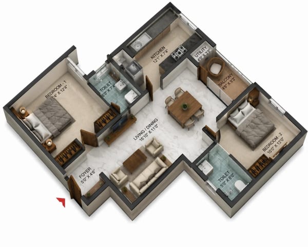 2 BHK Apartment floor plan — 1,118 sqft