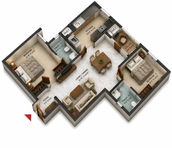 2 BHK Apartment floor plan — 1,240 sqft