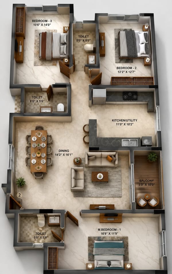 3 BHK Apartment floor plan — 1,696 sqft