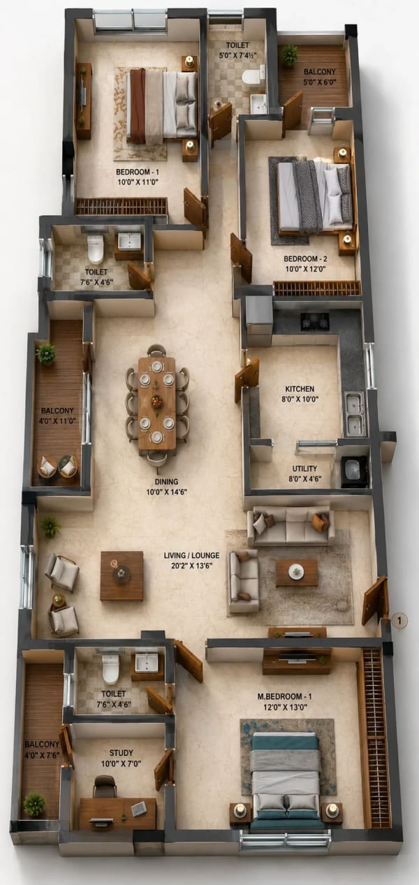 3 BHK Apartment floor plan — 2,259 sqft
