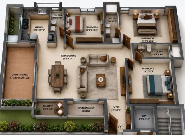 3 BHK Apartment floor plan — 2,066 sqft