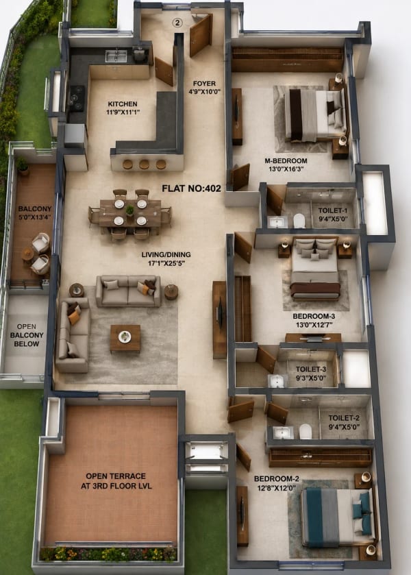 3 BHK Apartment floor plan — 2,197 sqft