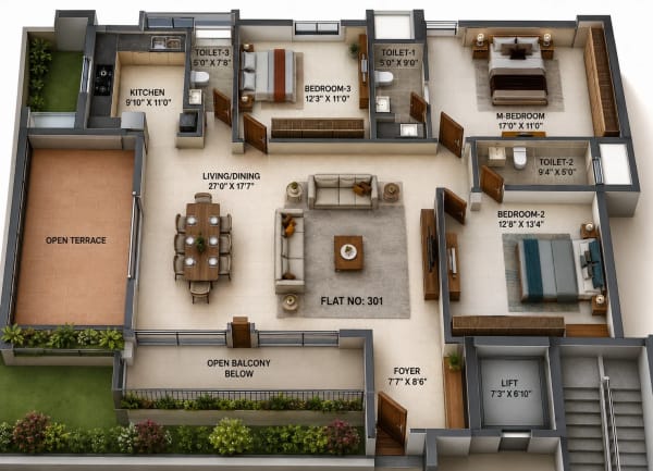 3 BHK Apartment floor plan — 2,004 sqft