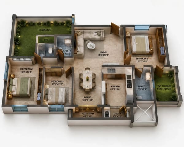 3 BHK Apartment floor plan — 1,379 sqft