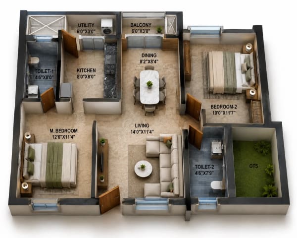 2 BHK Apartment floor plan — 1,017 sqft