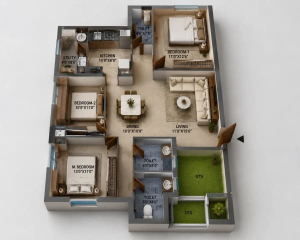 3 BHK Apartment floor plan — KG Eleganza