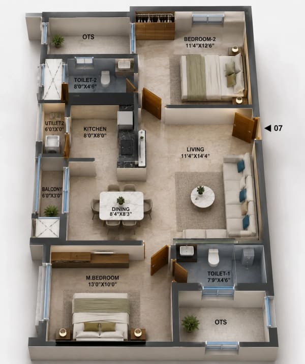 2 BHK Apartment floor plan — 1,039 sqft