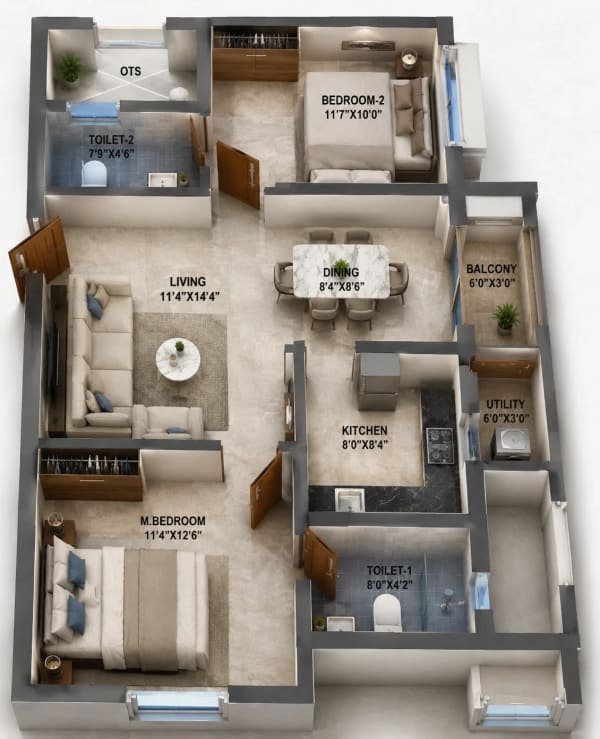 2 BHK Apartment floor plan — 1,020 sqft