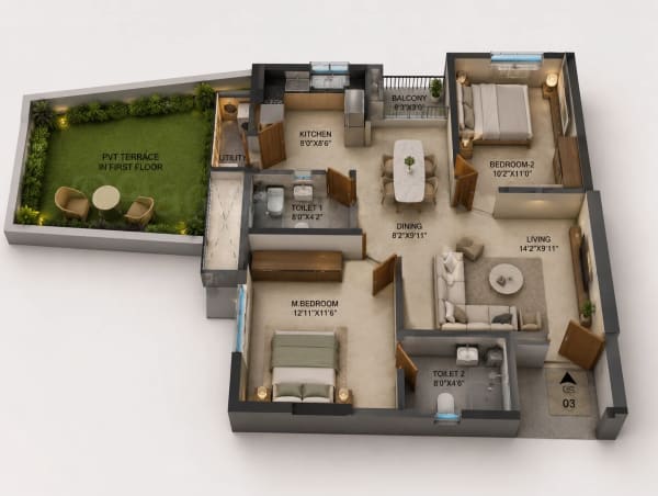 2 BHK Apartment floor plan — 992 sqft