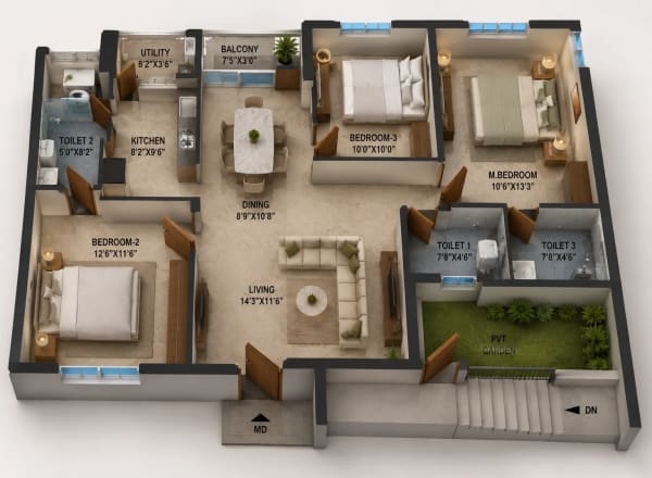 3 BHK Apartment floor plan — KG Impressions