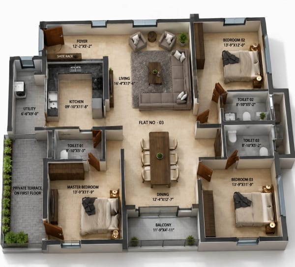 3 BHK Apartment floor plan — 2,016 sqft