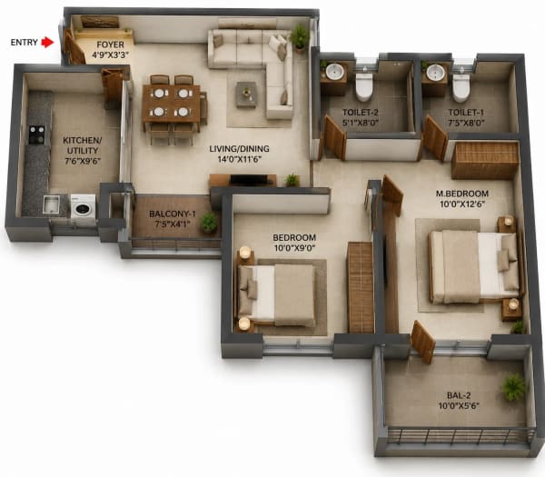 2 BHK Apartment floor plan — 818 sqft
