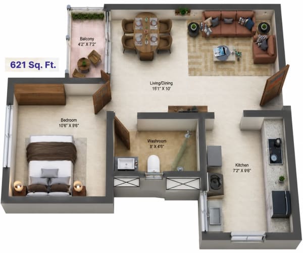 1 BHK Apartment floor plan — 621 sqft