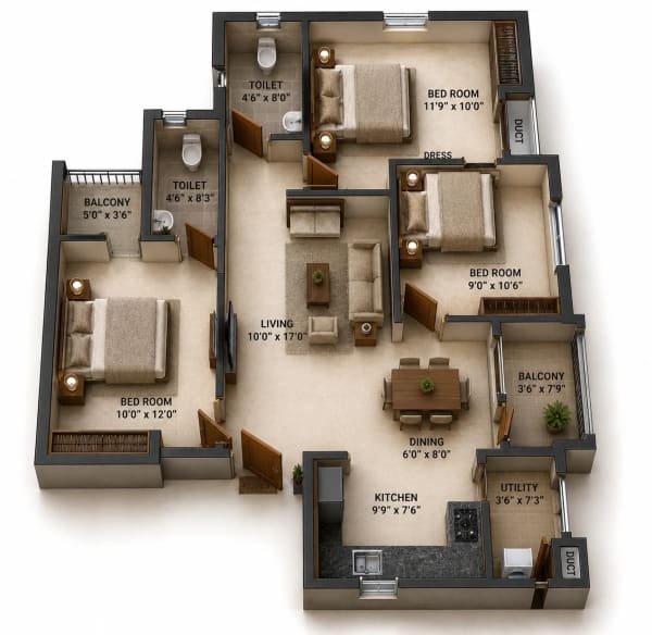 3 BHK Apartment floor plan — HiLiving Serenity