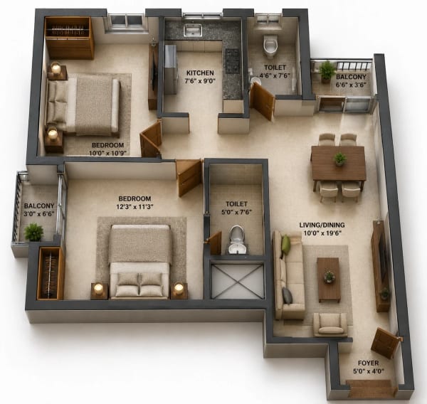 2 BHK Apartment floor plan — 1,022 sqft